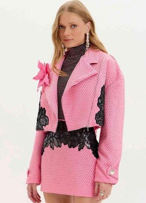 Jaqueta Biker com Bordado Rosa