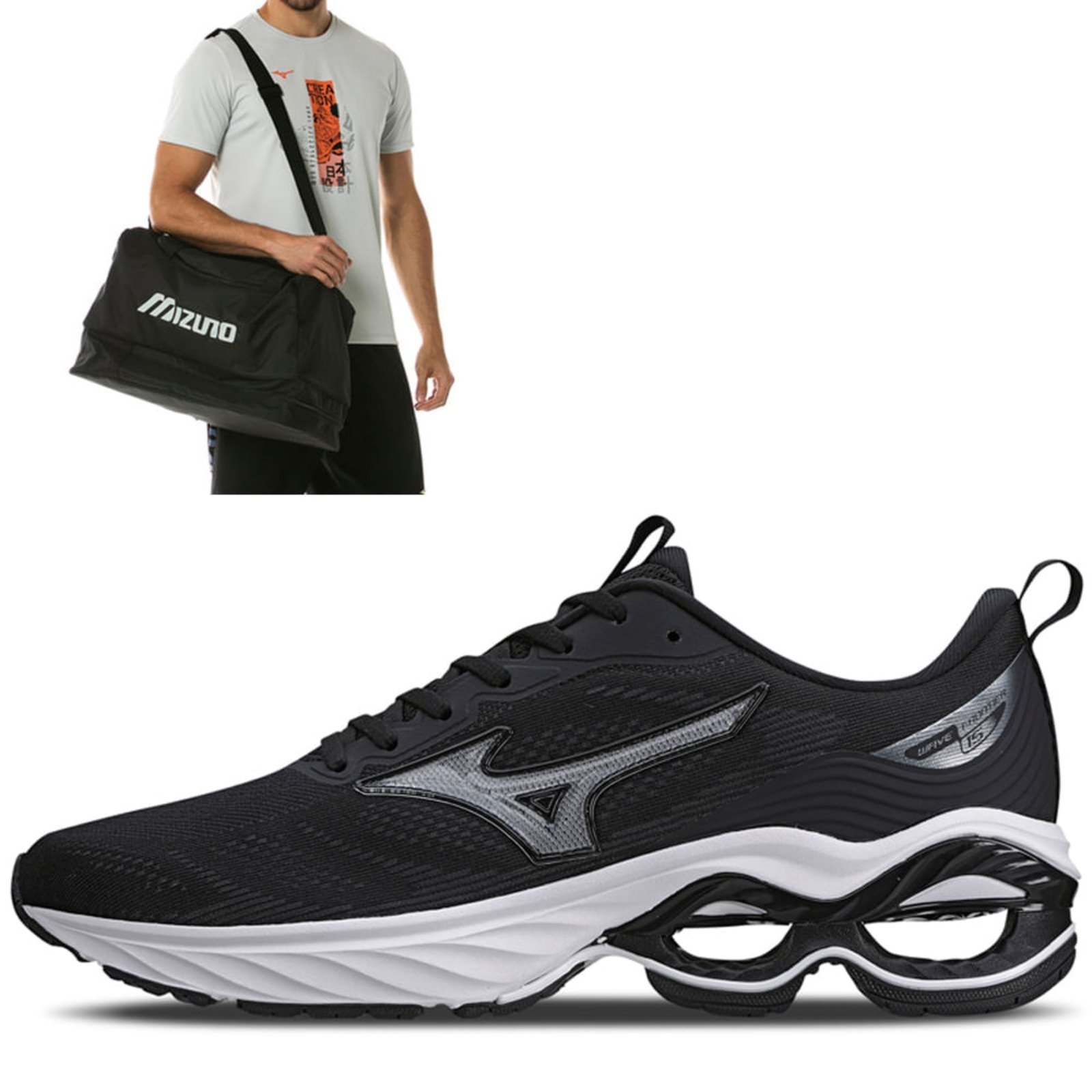 Kit 1 Tênis de corrida masculino Mizuno Wave Frontier 15 e 1 Mala de treino Master
